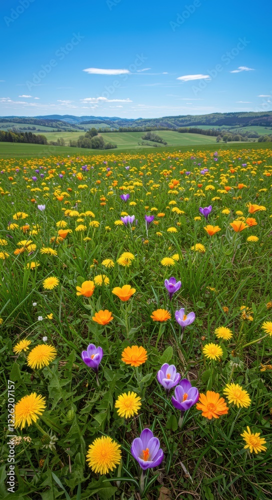 Obraz premium Vibrant spring wildflower meadow under blue skies