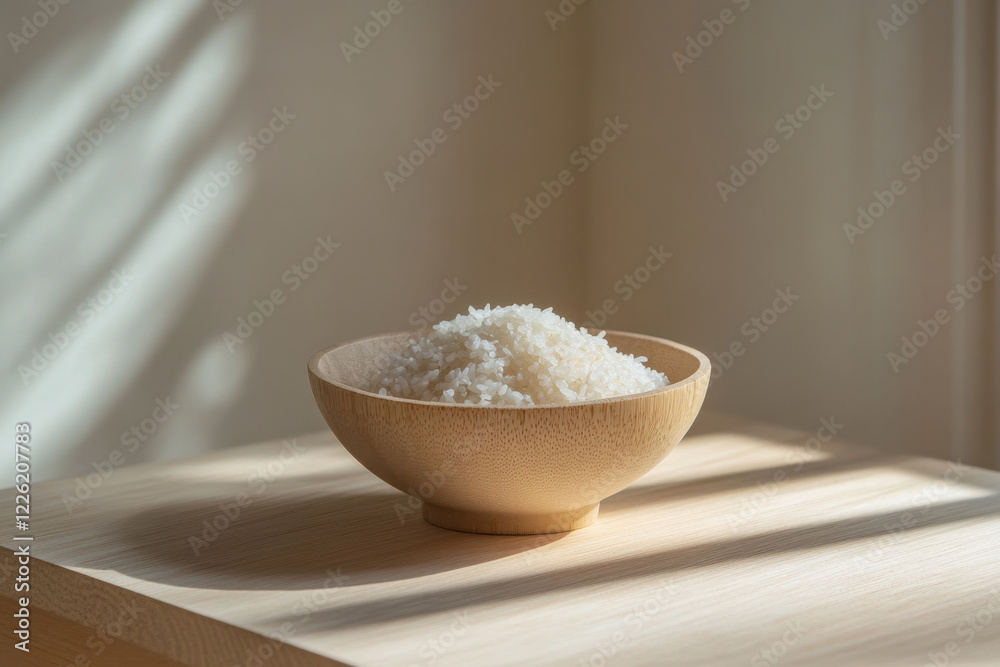 wooden bowl filled with white rice sits on light wooden surface, illuminated by soft natural light, creating serene and minimalist atmosphere