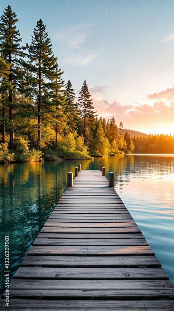 Obraz premium Serene lakeside sunrise with wooden dock and lush pine forest reflections