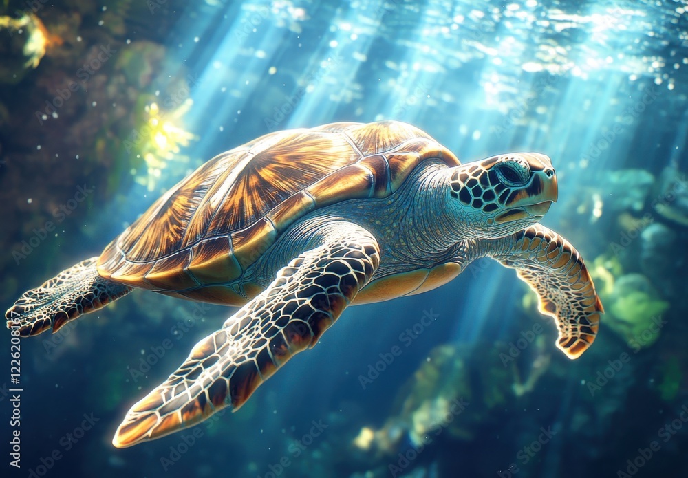 Obraz premium Majestic Sea Turtle Gliding Through Crystal Clear Ocean Waters Beneath Sunlight Creating Beautiful Bubbles and Sparkling Light Reflections