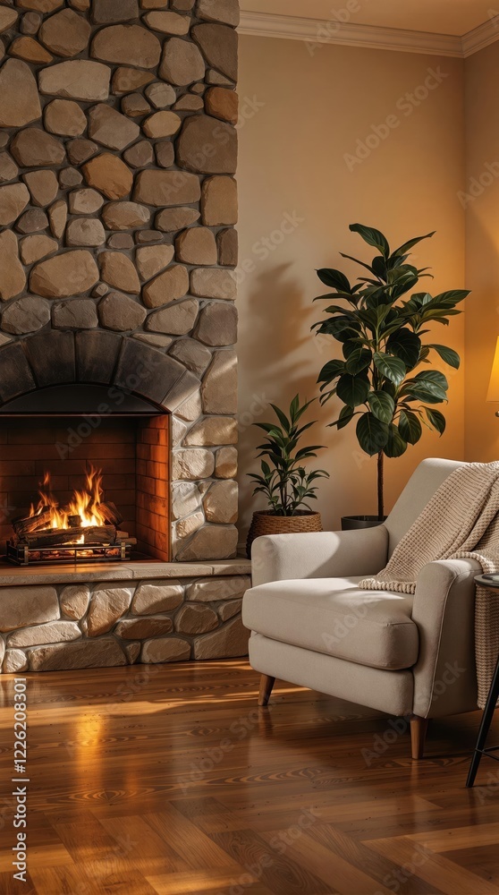 Fototapeta premium Cozy living room with stone fireplace and armchair in warm lighting