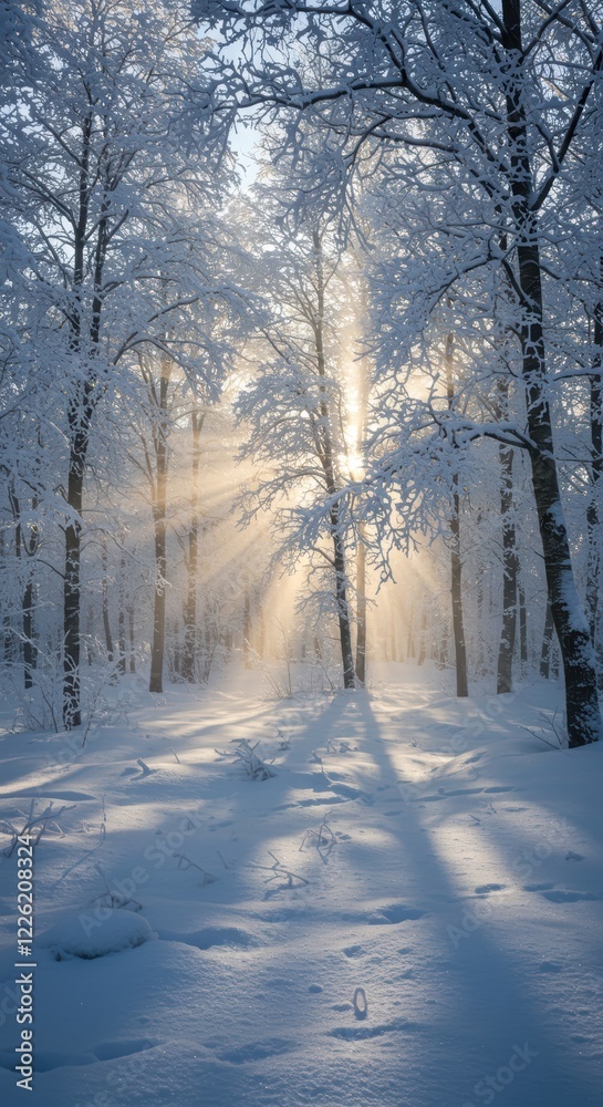 Winter morning sunlight streaming through snow-covered trees in tranquil forest Winter morning sunlight streaming through snow-covered trees in tranquil forest