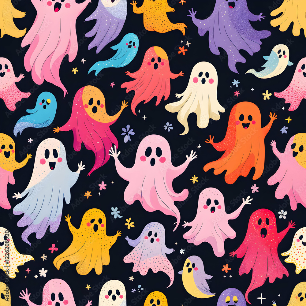 Colorful Pixel Art Ghost Seamless Pattern on Dark Background Colorful Pixel Art Ghost Seamless Pattern on Dark Background