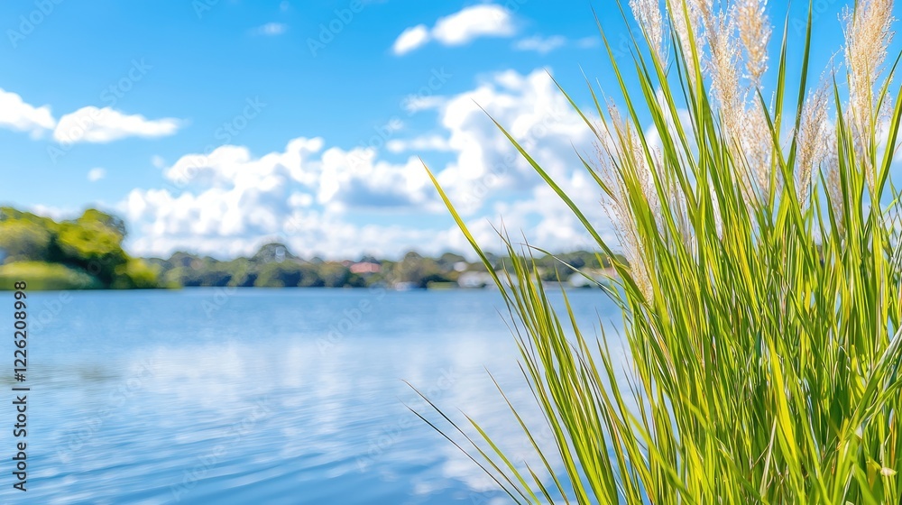 Fototapeta premium Tall green grass grows on the shore of a calm blue lake under a sunny sky with white clouds.