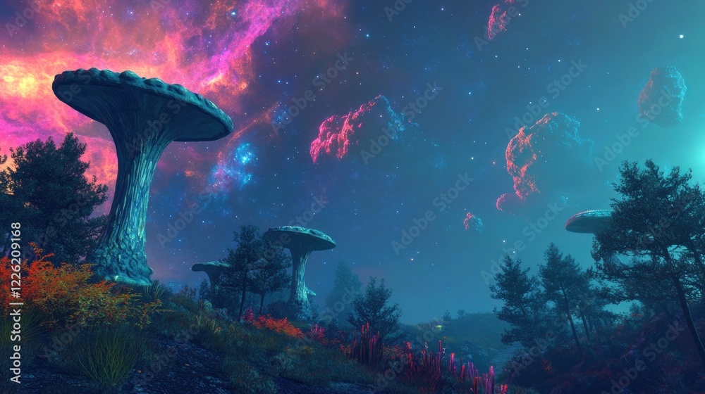 Fototapeta premium Alien landscape, glowing fungi, nebula, night, fantasy, game background