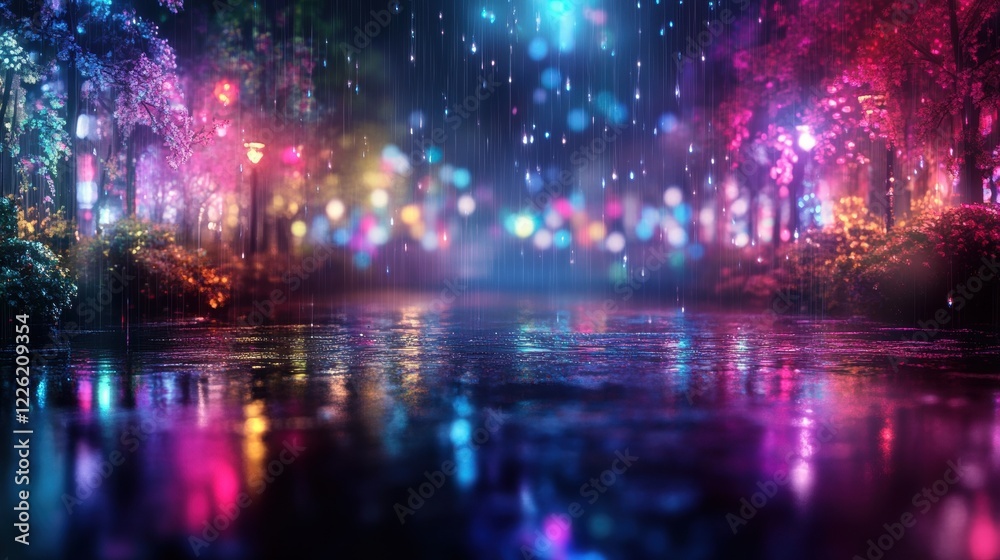 Fototapeta premium Rainy night lights reflection city park nature scene colorful environment ground level serenity concept