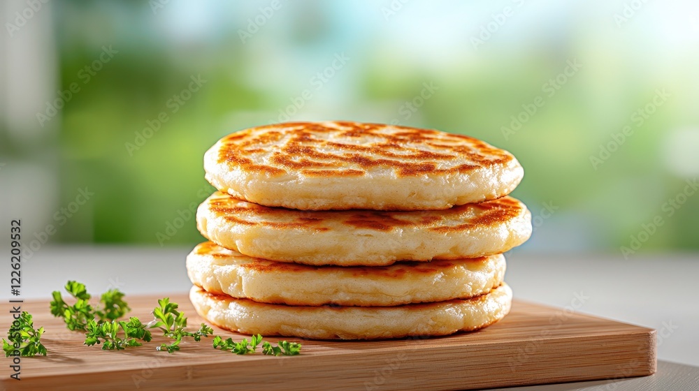 Stack of golden-brown pancakes on wooden board, outdoor background, breakfast food photography Stack of golden-brown pancakes on wooden board, outdoor background, breakfast food photography