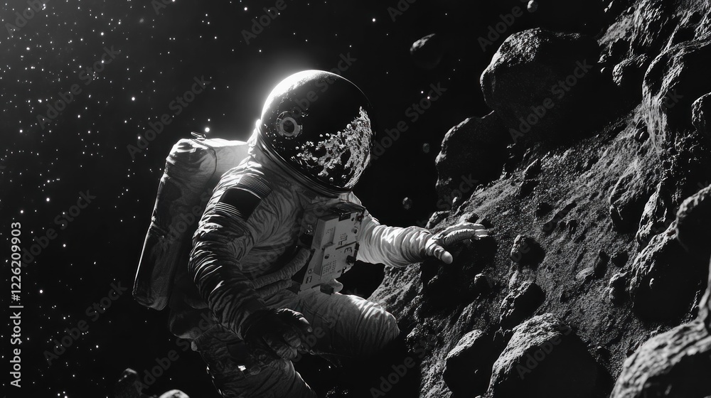 Fototapeta premium Astronaut climbing asteroid, space exploration, cosmic background, science fiction