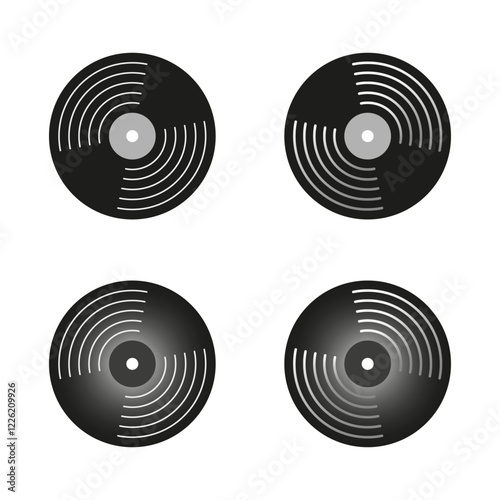 Vinyl record icons. Retro music symbols. Black circular discs. Vintage vector design.