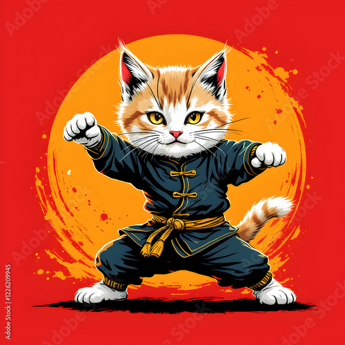 Cute Orange Tabby Kitten in a Kung Fu Pose Against a Red Sunlit Background