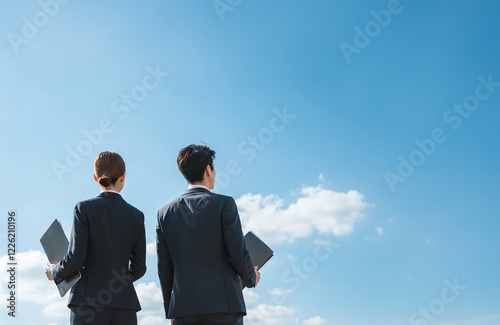 就活中の日本人男女｜ビジネスパーソン｜後ろ姿｜青空