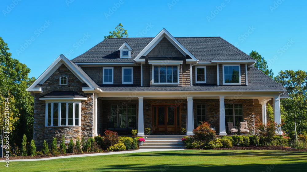 beautiful family home with stone facade, large windows, and well maintained lawn, surrounded by trees and colorful flowers, creating welcoming atmosphere beautiful family home with stone facade, large windows, and well maintained lawn, surrounded by trees and colorful flowers, creating welcoming atmosphere