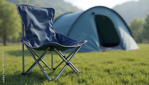 Relaxing Camping Chair Scene: A peaceful outdoor setting with a comfortable portable chair near a tent, promising relaxation and adventure in nature's embrace.