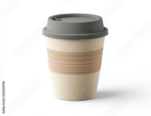 Beige takeaway coffee cup with gray lid and brown cardboard band. photo