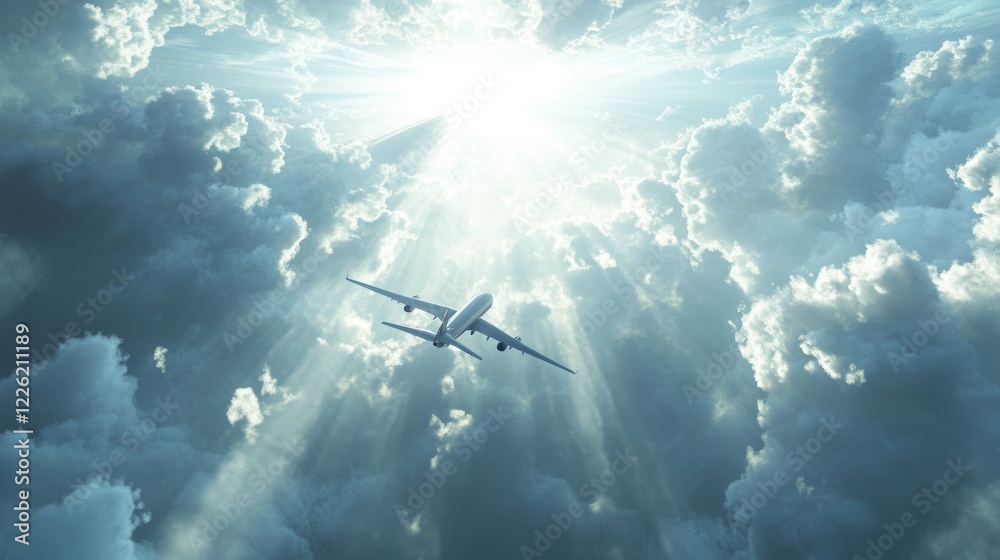 Naklejka premium 5.A 3D depiction of an airplane flying across a beautiful, expansive sky filled with wispy clouds. The scene is bright and optimistic, with rays of sunlight breaking through the clouds and