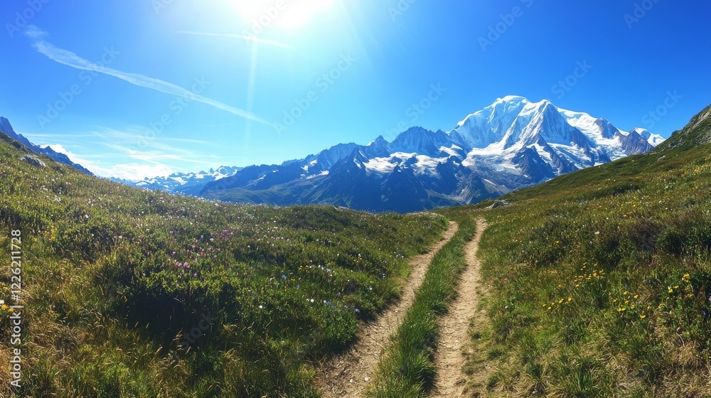 15.A breathtaking view of the Tour du Mont Blanc trail, where a winding path cuts through vibrant alpine meadows beneath the towering Mont Blanc massif. The snow-covered peaks rise dramatically in 15.A breathtaking view of the Tour du Mont Blanc trail, where a winding path cuts through vibrant alpine meadows beneath the towering Mont Blanc massif. The snow-covered peaks rise dramatically in