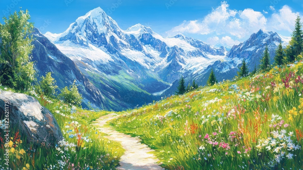 Obraz premium 15.A breathtaking view of the Tour du Mont Blanc trail, where a winding path cuts through vibrant alpine meadows beneath the towering Mont Blanc massif. The snow-covered peaks rise dramatically in