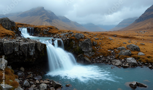 Majestic waterfall flowing through rocky terrain in a misty mountainous landscape with autumn colors.