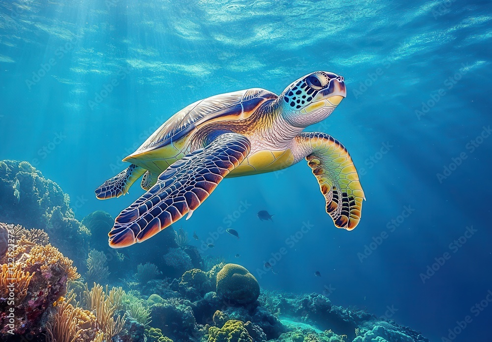 Obraz premium Majestic Sea Turtle Swimming Gracefully Through Vibrant Coral Reefs in Clear Blue Ocean Waters Under Sunlight Rays