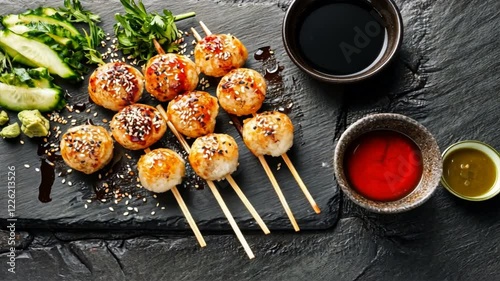 Delicious Japanese cuisine featuring fresh sushi skewers with sesame, wasabi, and cucumber, alongside grilled meatballs served with vibrant sauces and herbs for perfect food experience.