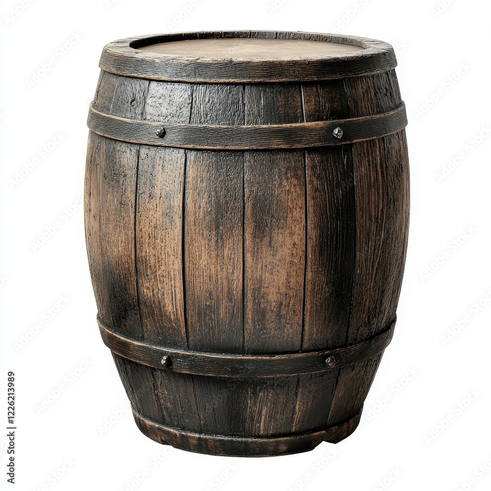 Fototapeta premium Dark brown wooden barrel isolated on white.