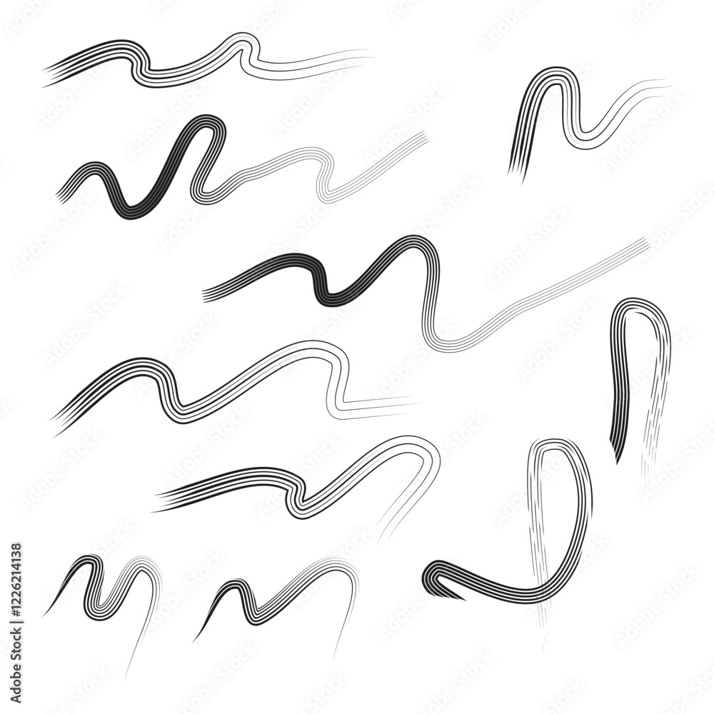Wavy abstract lines. Black and white curves. Dynamic stripe elements. Flowing artistic pattern.