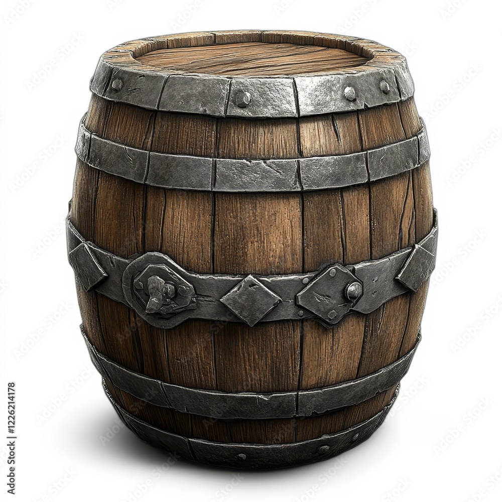 Fototapeta premium Wooden barrel with metal bands, isolated on white. (1)