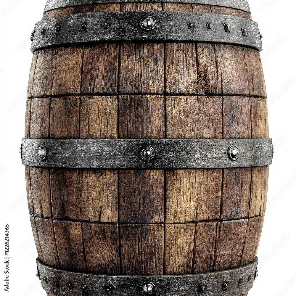 Fototapeta premium Aged wooden barrel with iron bands and rivets.