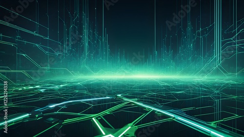 Abstract futuristic digital landscape with glowing green lines and circuits, ideal for technology, AI, and network concepts.