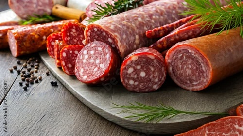 Delicious gourmet platter of cured meats featuring salami, pepperoni, and sausage, beautifully garnished with herbs and spices, perfect for any charcuterie food lover.