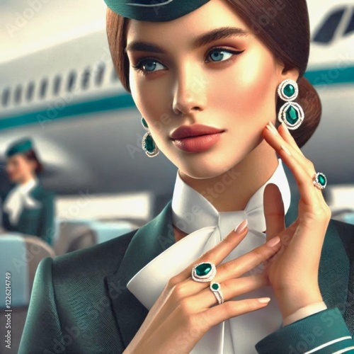 Portrait of a stewardess lady put on a emerald creative device jewelry. polished poses with hands. exquisitely groomed, prudent and competence appearance suitable for gem. USA airplane.