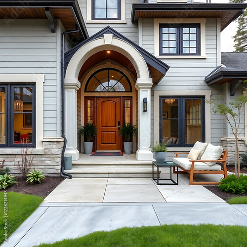 Luxury Home Exterior: Modern Architectural Design, Elegant Entrance, Landscaping