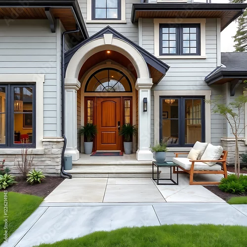 Obraz Luxury Home Exterior: Modern Architectural Design, Elegant Entrance, Landscaping