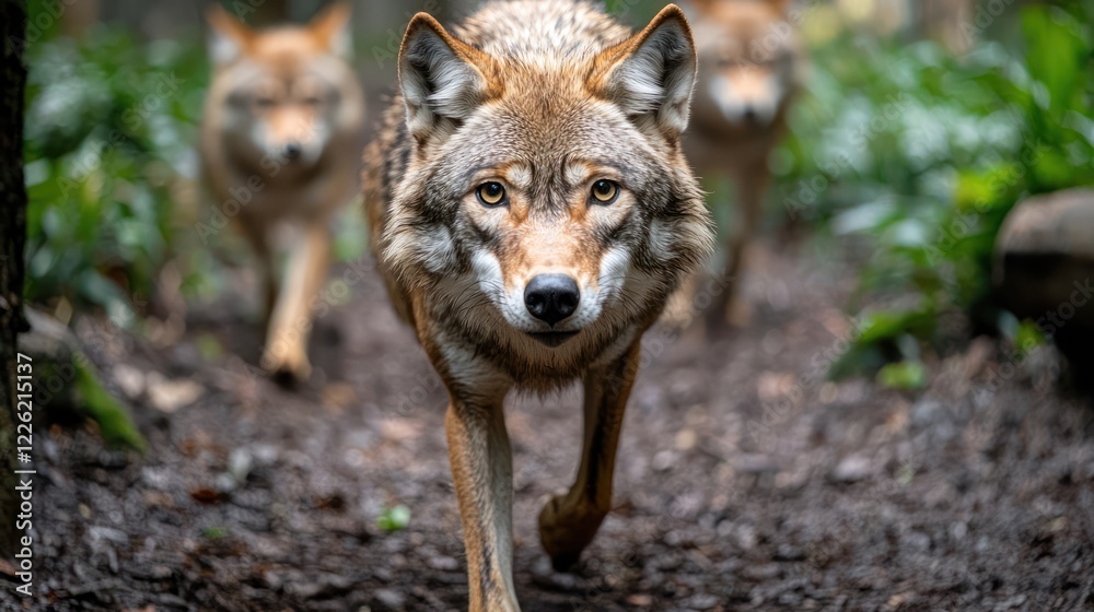 Obraz premium Three wolves walking through a forested area, showcasing their natural habitat.