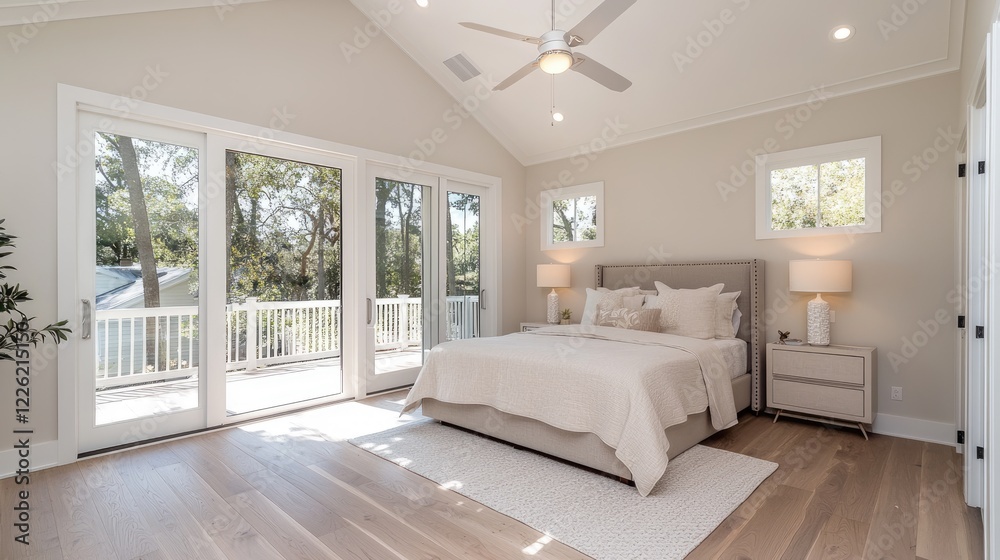 Fototapeta premium Coastal bedroom with sliding glass doors to deck, hardwood floors