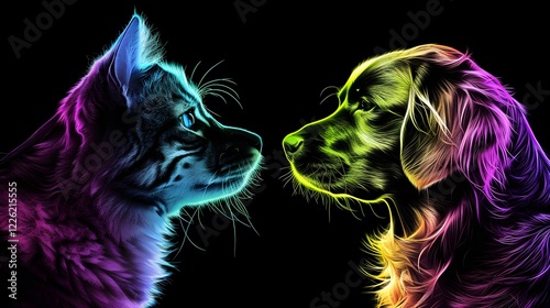 Cat and dog poster in profile in neon colors  photo