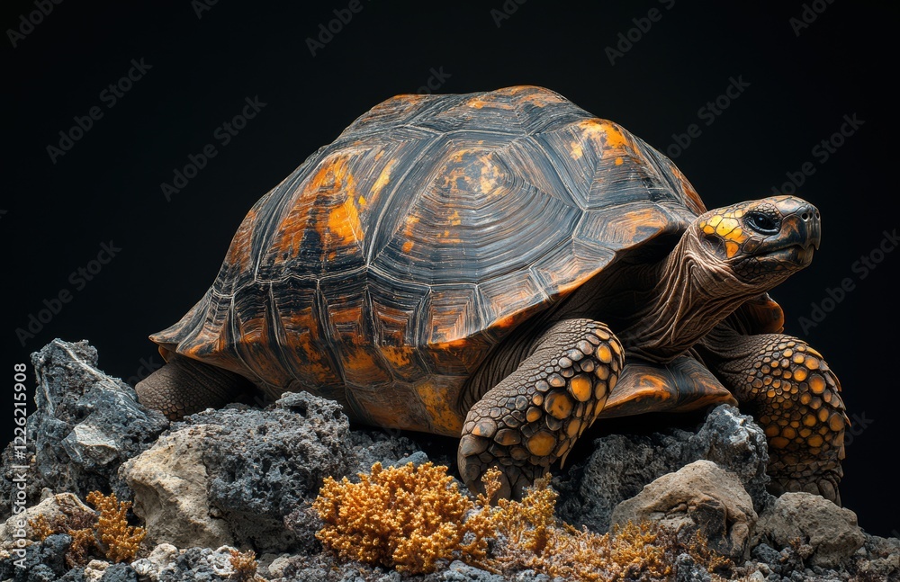 Obraz premium Majestic Tortoise Resting on Rocky Surface Surrounded by Lush Coral, Showcasing Beautiful Textures and Vibrant Colors in Studio Lighting