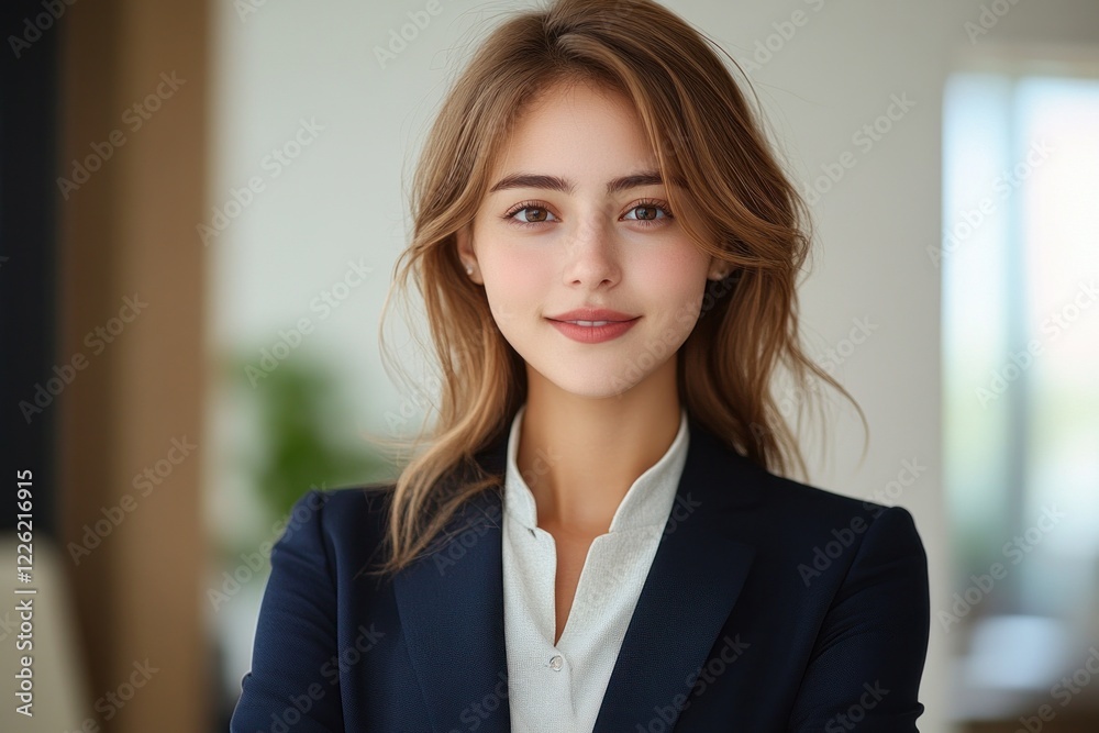 Professional Woman in Business Suit with Planner in Modern Office Setting