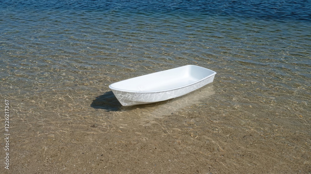 White boat floats in shallow clear water, sandy bottom. Peaceful summer scene for travel brochures White boat floats in shallow clear water, sandy bottom. Peaceful summer scene for travel brochures