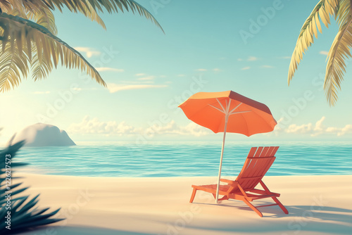 3D minimalistic of summer island scene, beach chair and umbrella. Travel and vacation concept Generative Ai.
 photo