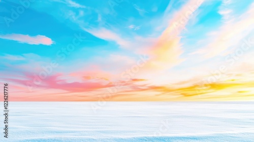 Colorful sunset over snowy field, winter landscape, serene nature scene, perfect for travel or calendar