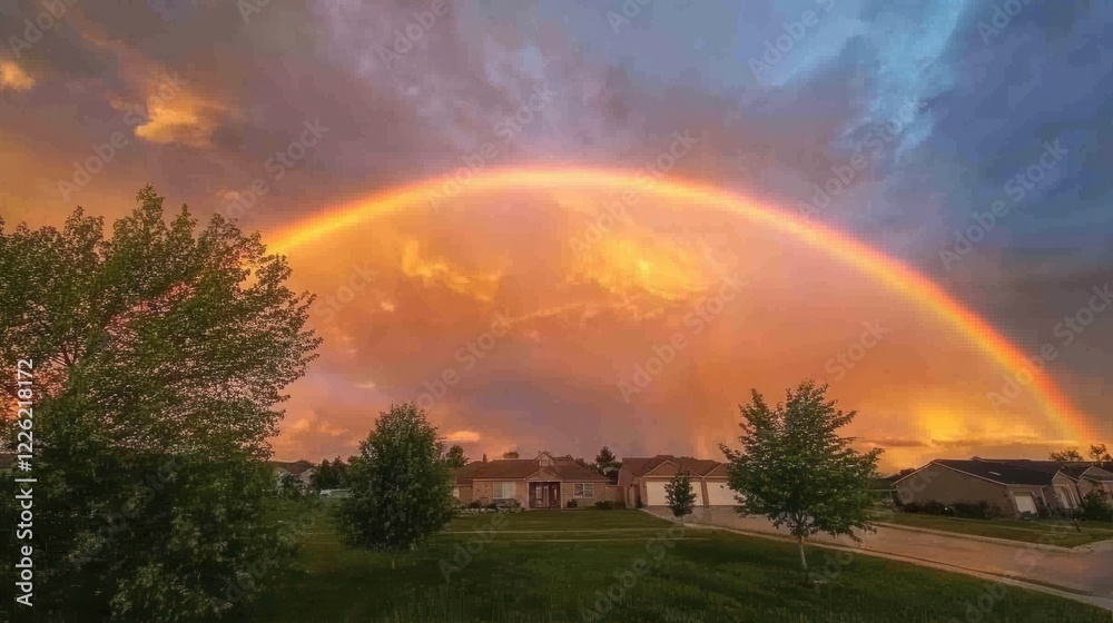 Stunning sunset rainbow arches over houses. Ideal for websites, blogs, or social media needing peaceful, nature imagery. Stunning sunset rainbow arches over houses. Ideal for websites, blogs, or social media needing peaceful, nature imagery.