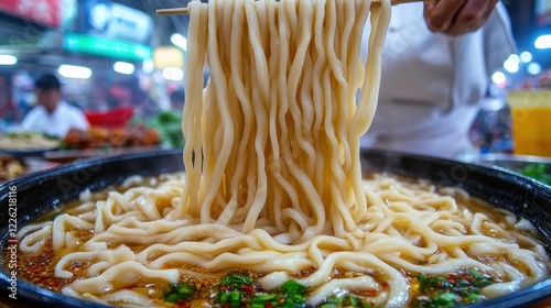 Delicious Stirred Hot Noodles in Flavorful Broth at Bustling Asian Night Market Food Court, Street Vendor Cooking Asian Cuisine with Herbs and Vegetables photo