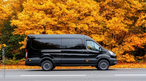 A black van parked beside a road, set against vibrant autumn foliage.