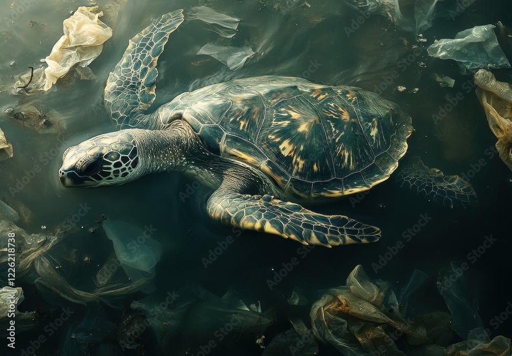 Obraz premium Marine turtle swimming through plastic waste in ocean water, highlighting environmental pollution and the impact on aquatic life in a striking underwater scene