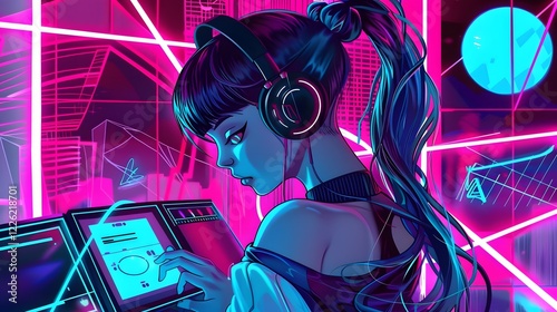 Synthwave anime manga girl lofi background wallpaper  photo