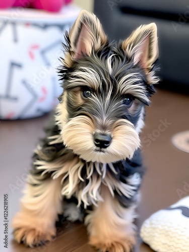 This Fluffy Scottish Terrier puppy assumes a playful seat, peering intently at the camera with an air of photo