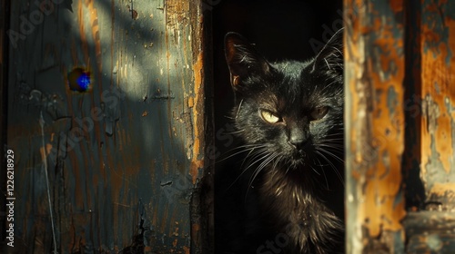 There is a black cat that is looking out of a door, animal background