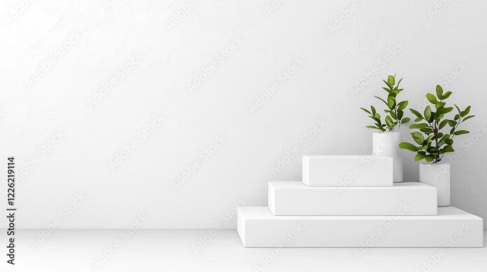 Obraz premium White rectangular podium steps stand against a clean wall with green potted plants for minimalist product display.