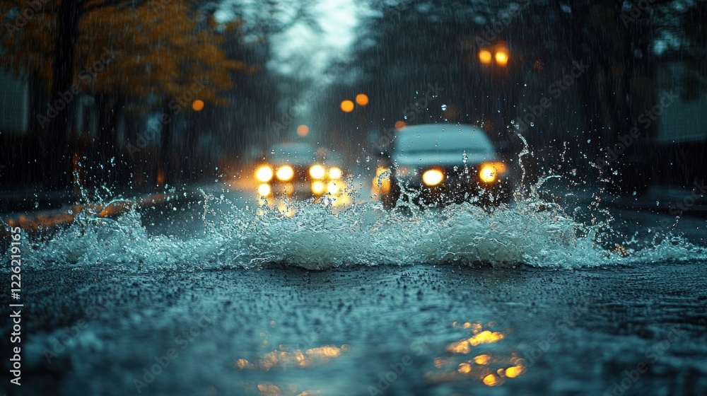 Heavy Rainstorm Flooded Roadway Splashes Water Surging Flooded Street Scene Heavy Rainstorm Flooded Roadway Splashes Water Surging Flooded Street Scene